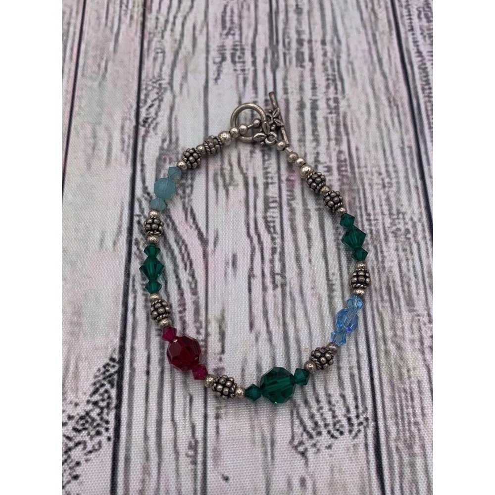 Silver Tone Beaded Bangle Bracelet Beads Blue Green Red Boho Jewelry